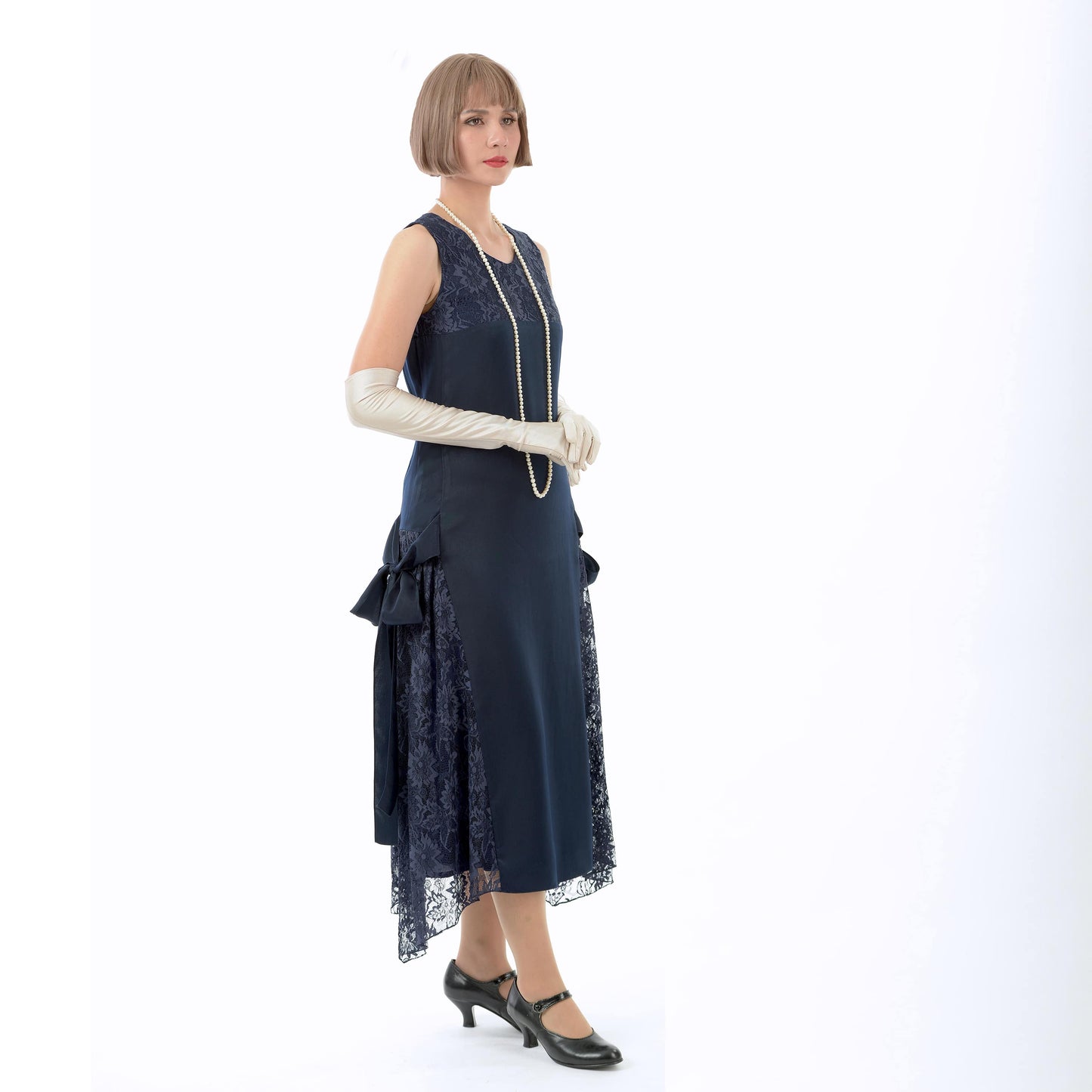 Dark blue 1920s-inspired satin and lace formal evening dress - a vintage-inspired evening dress