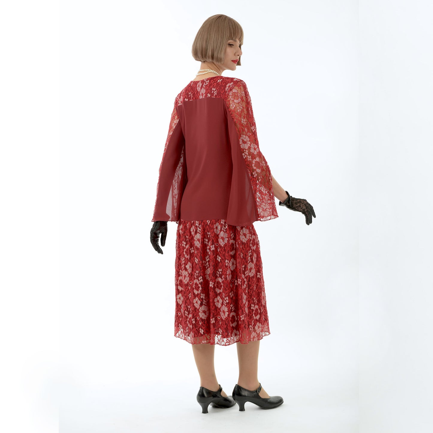 1920s reproduction dress in maroon red chiffon and lace. A Great Gatsby dress for both day and evening roaring 20s parties.