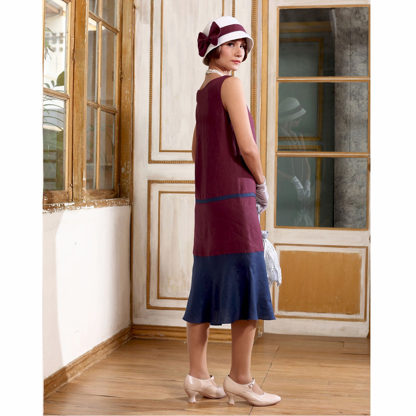 Burgundy and navy blue 1920s drop waist linen dress with a boat neck