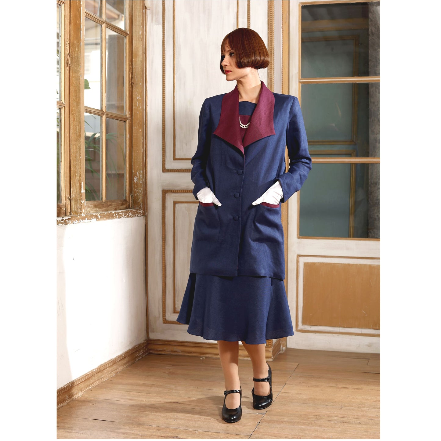Burgundy and navy blue 1920s drop waist linen dress with a boat neck