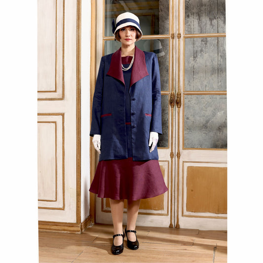 Linen 1920s jacket in dark blue and burgundy linen, possibly in combination with a matching dress. Can be worn as a Great Gatsby jacket or flapper jacket.