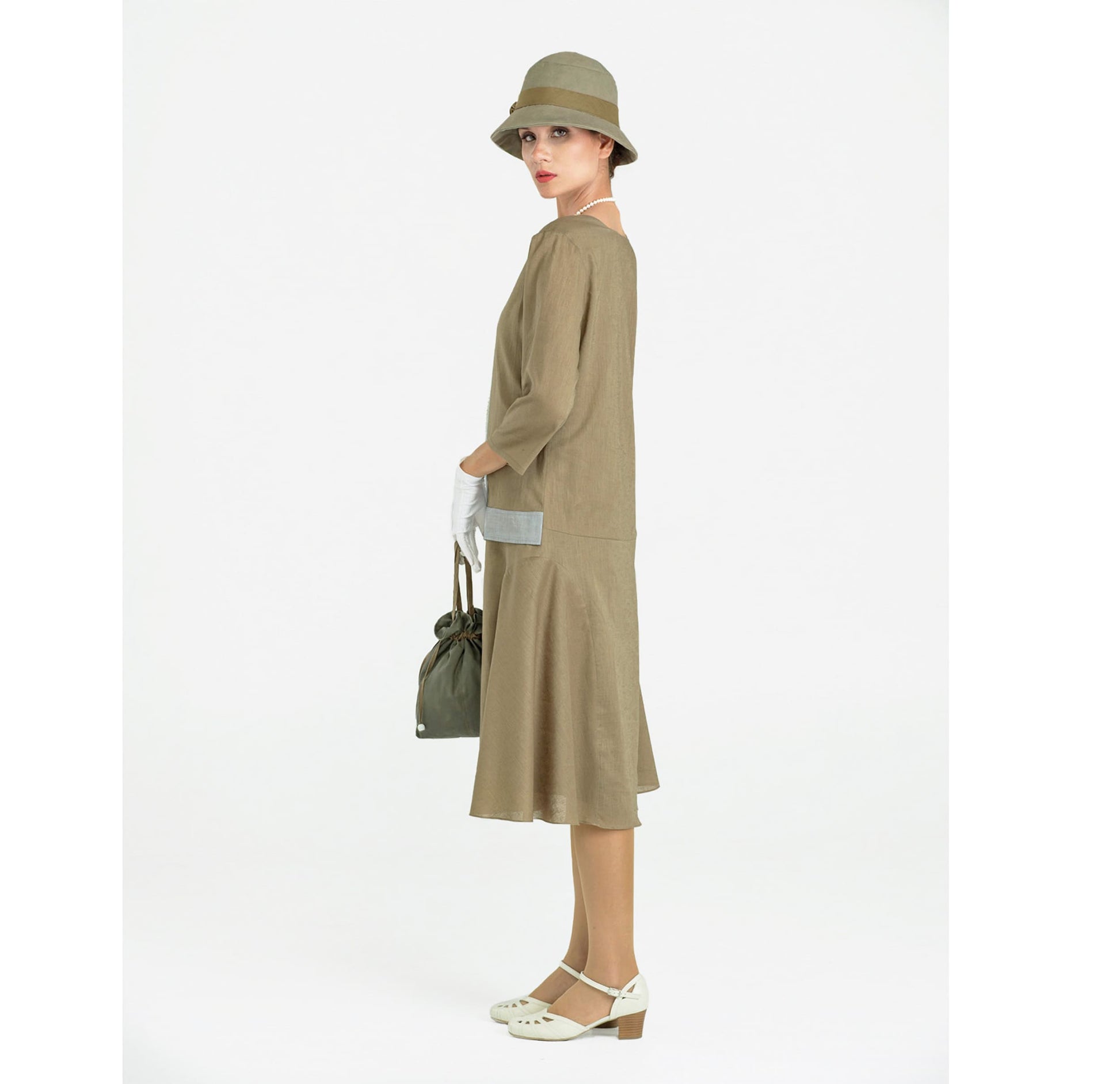 Linen Great Gatsby dress in dark olive green with grey details. This 1920s dress can be worn as a Downton Abbey dress or 1920s high tea dress.
