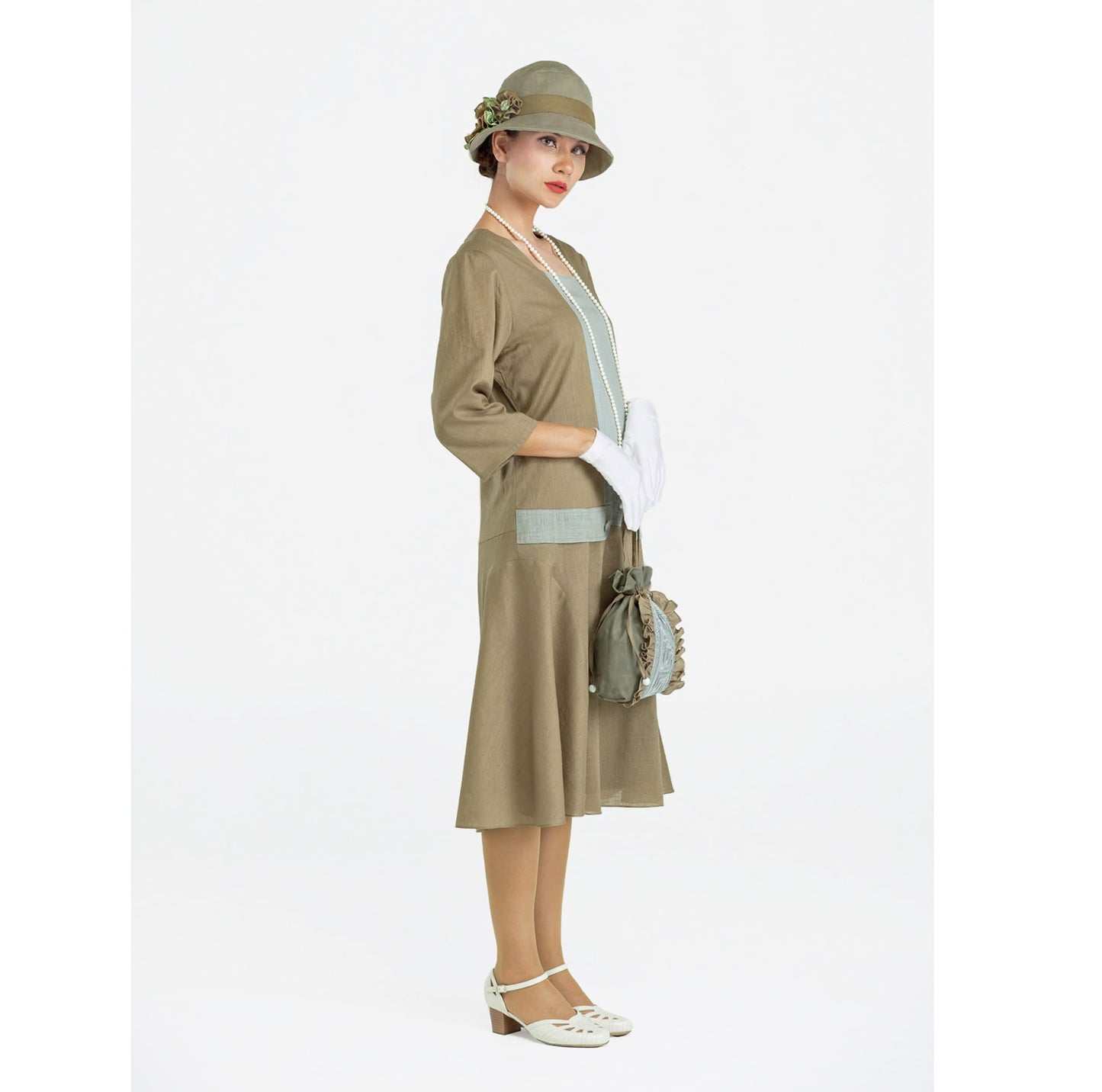 Olive and grey linen Great Gatsby dress with 3/4 sleeves