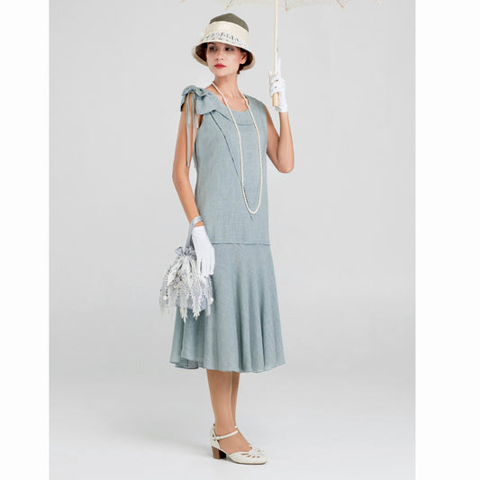 1920s grey linen Great Gatsby party dress with shoulder bow - a vintage-inspired Roaring Twenties dress