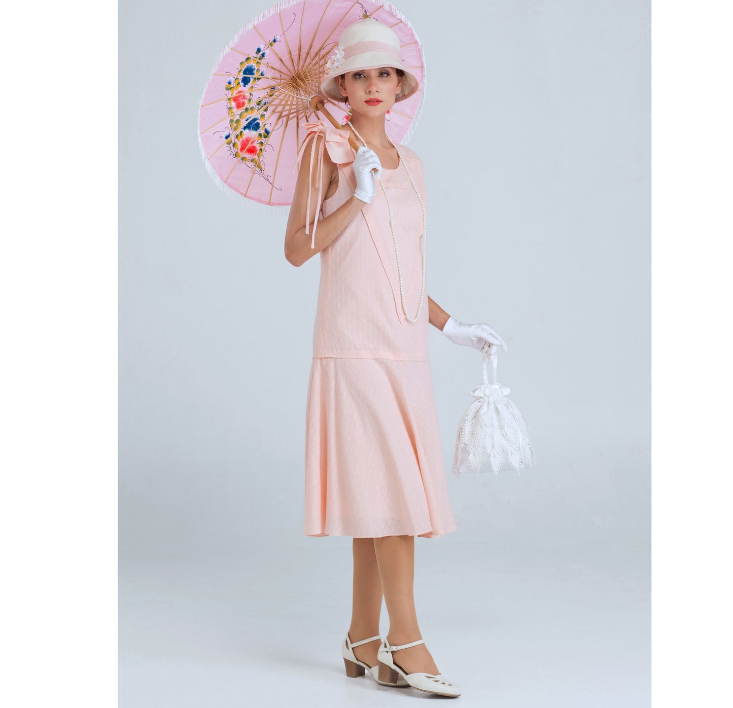 Sweet Downton Abbey cotton day dress in pale peach with a shoulder bow - a vintage-inspired Roaring Twenties dress
