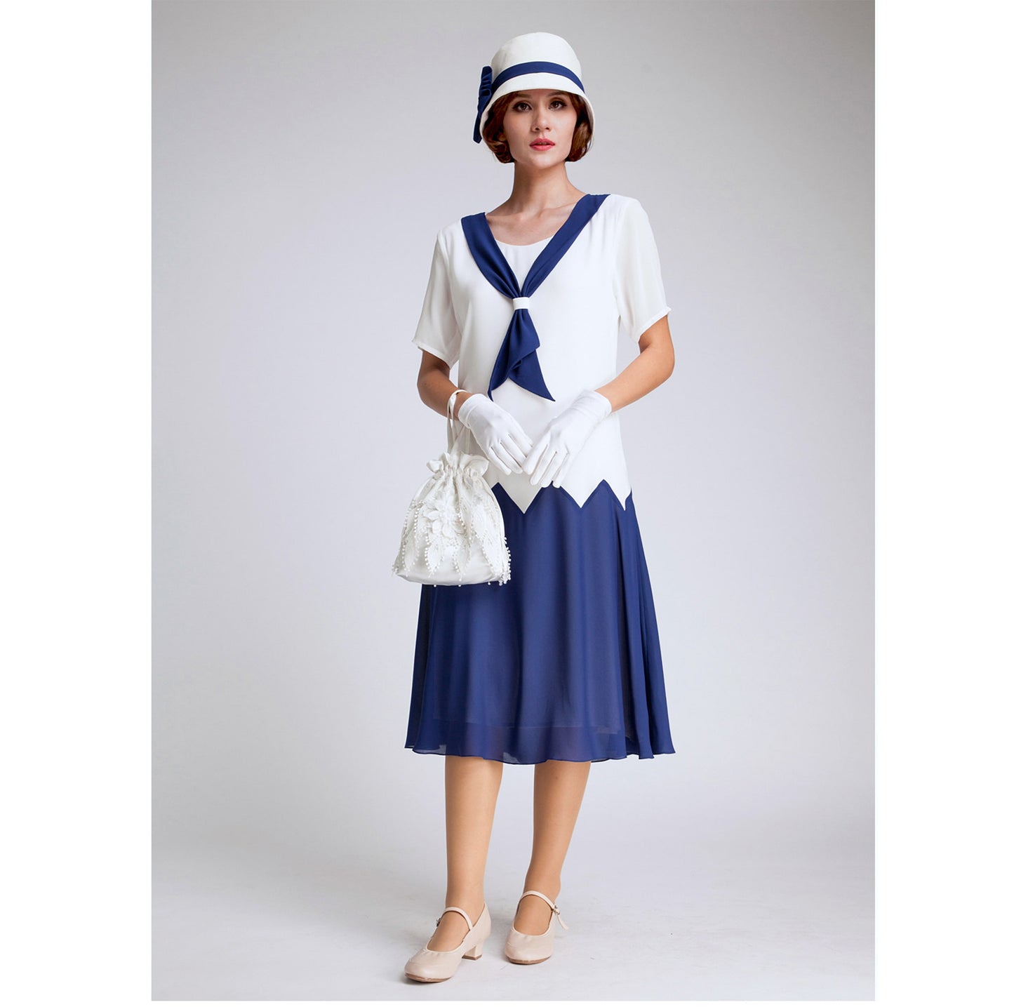 1920s-inspired dress in off-white & dark blue chiffon with zig zag details