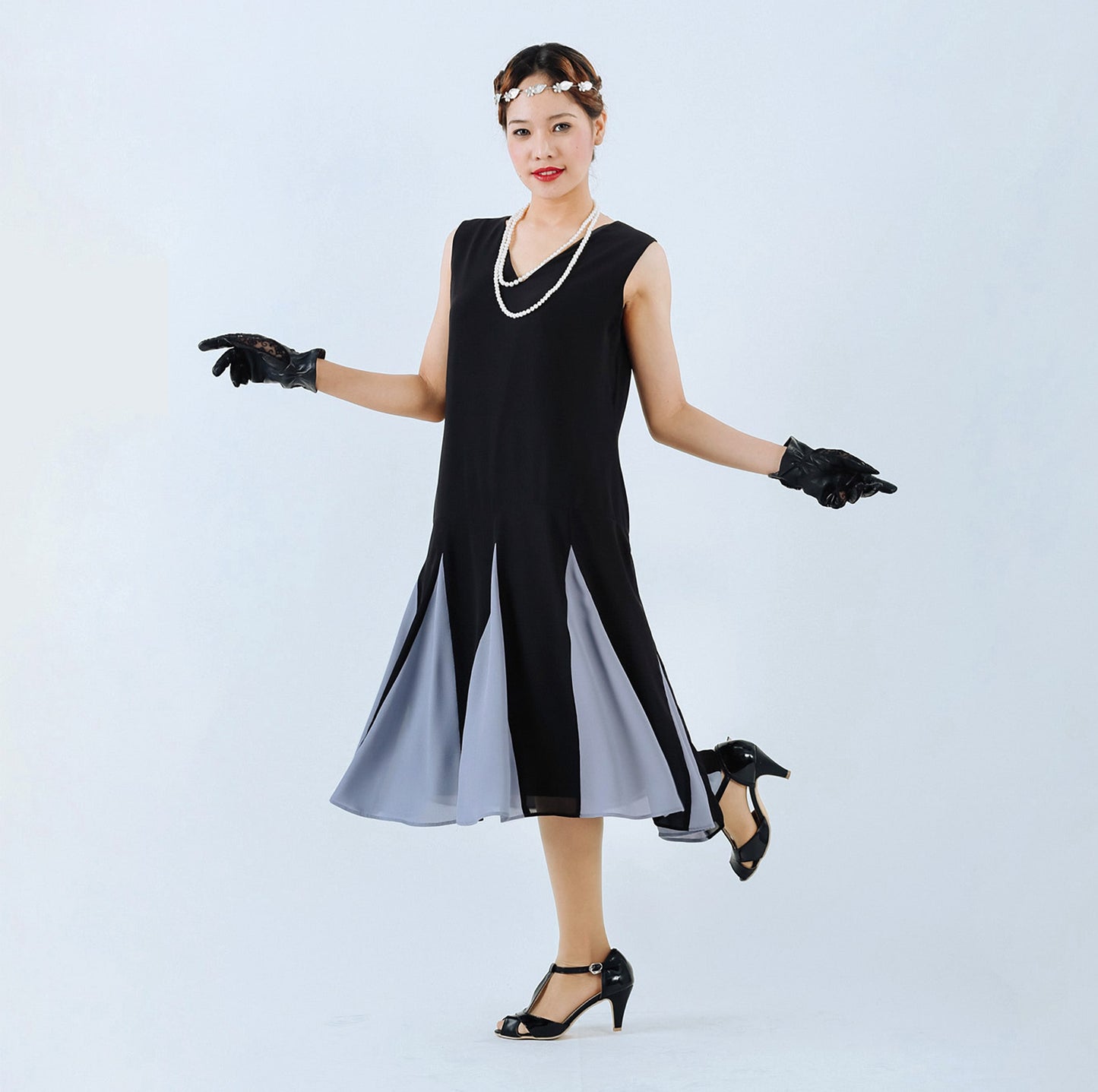 Grey or Black 1920s Gatsby dress with contrast godets
