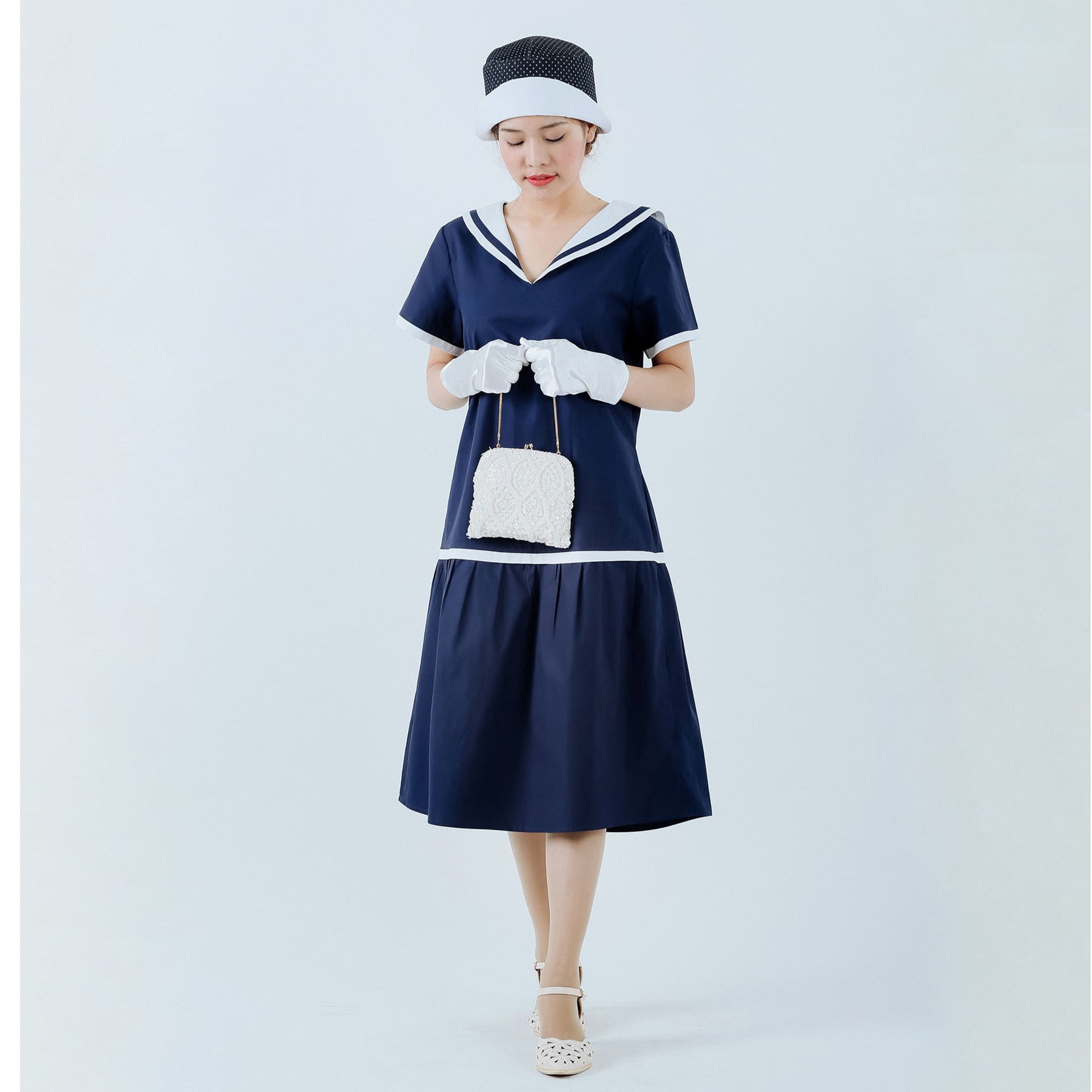1920s sailor dress in navy and pure white cotton - a vintage-inspired Roaring Twenties dress