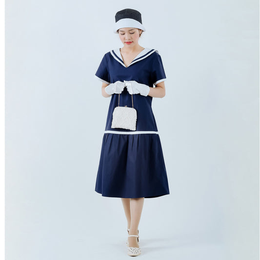 1920s sailor dress in navy and pure white cotton - a vintage-inspired Roaring Twenties dress