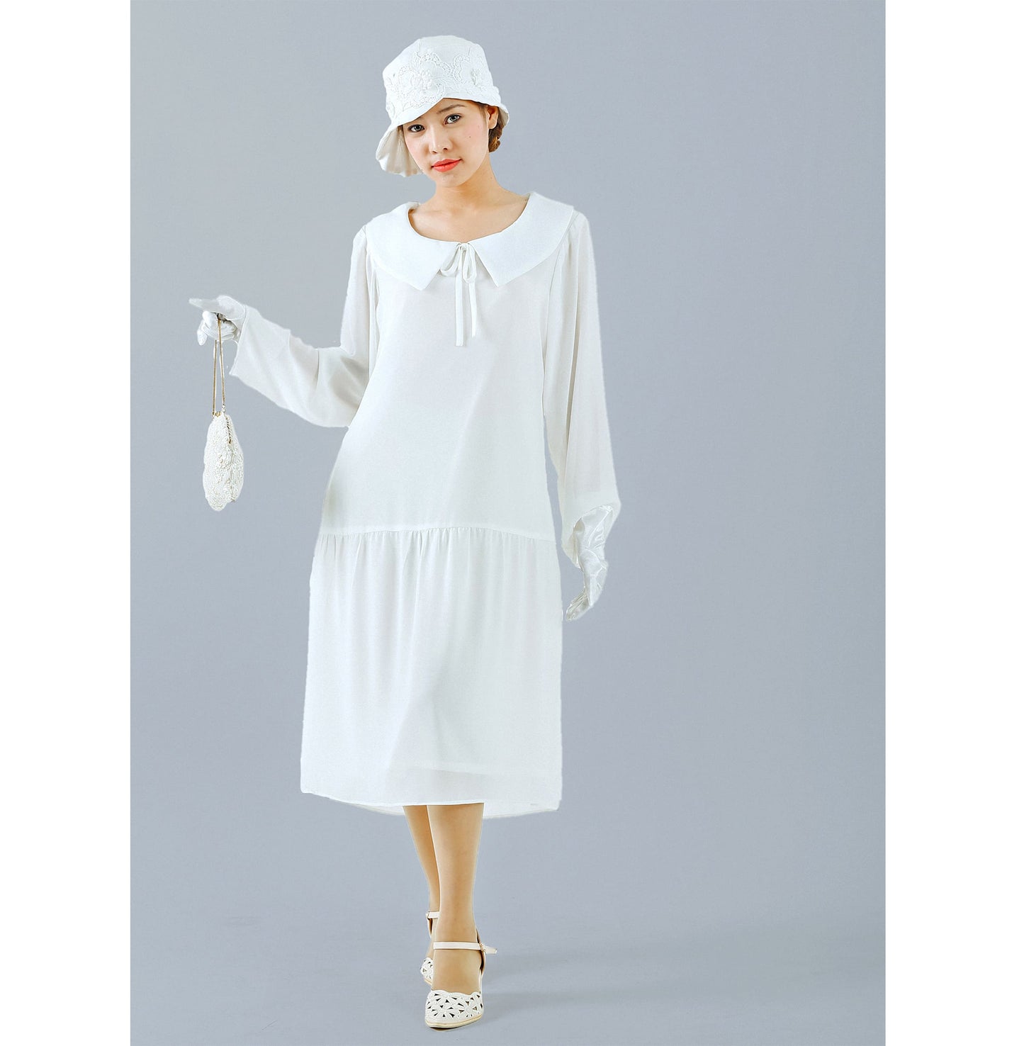 Off-white Gatsby dress with puritan collar and long sleeves - a vintage-inspired Roaring Twenties dress