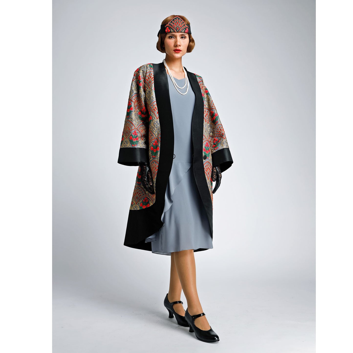 Grey Great Gatsby 1920s-inspired embroidered silk art deco coat