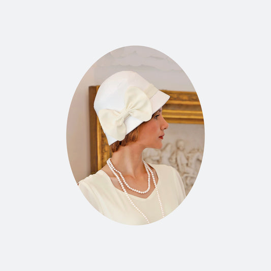 1920s cloche hat with off-white cotton and cream chiffon - a vintage-inspired Roaring Twenties hat