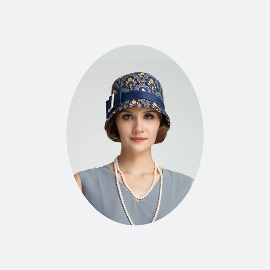 1920s cloche hat with blue and soft gold brocade fabric - a vintage-inspired Roaring Twenties hat