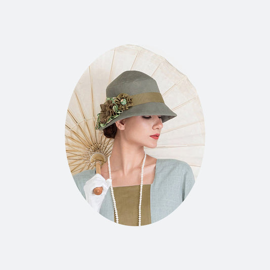 Green-ish brown Great Gatsby hat with cotton and linen - a vintage-inspired Roaring Twenties hat