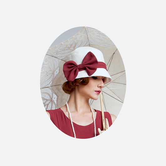 Gatsby Cloche hat in off-white cotton and maroon red ribbon - a vintage-inspired Roaring Twenties hat