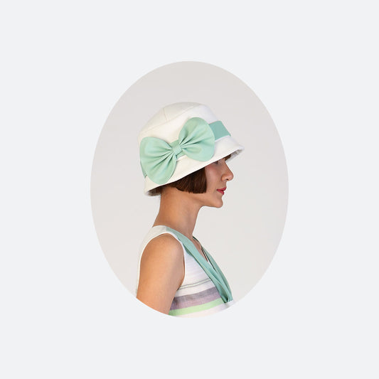 1920s cloche hat in off-white and mint green cotton - a vintage-inspired Roaring Twenties hat