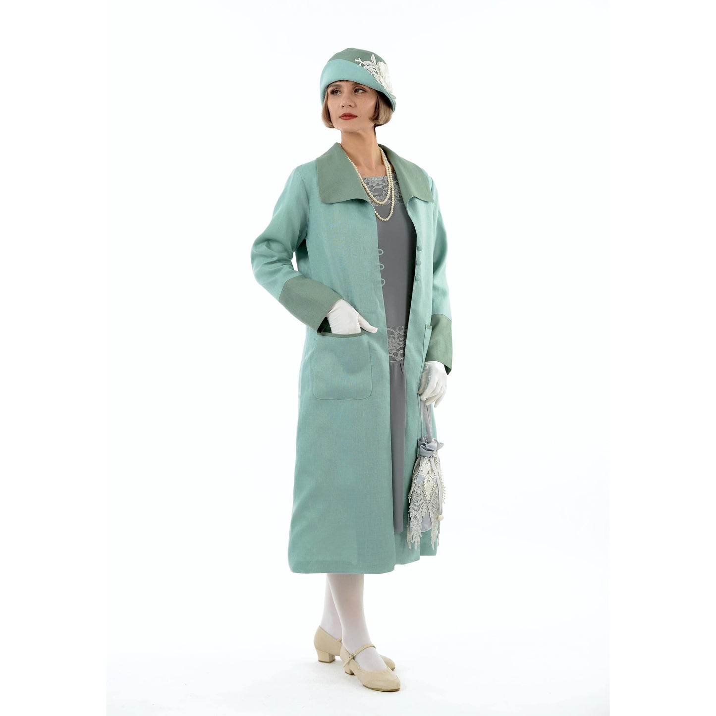 1920s daywear pastel blue summer linen coat with wing collar