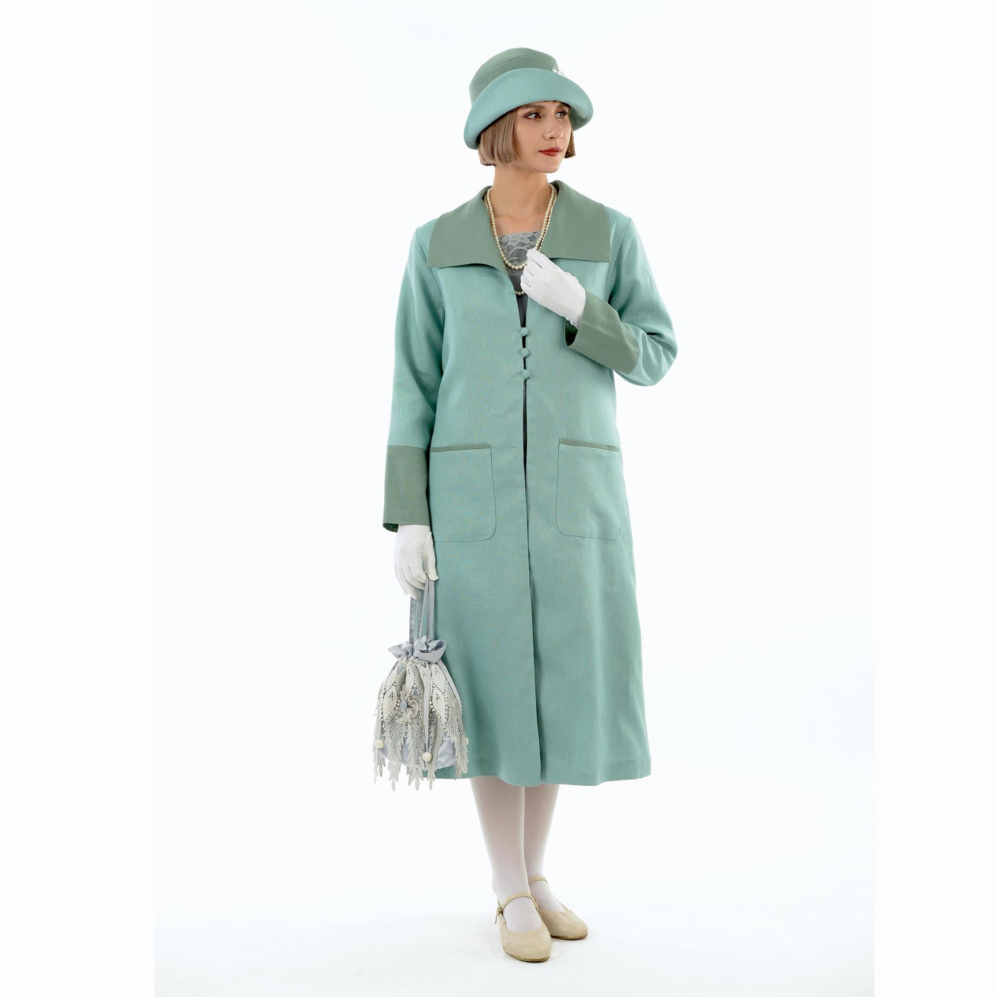 1920s daywear pastel blue summer linen coat with wing collar