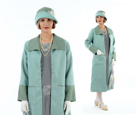 1920s daywear - a pastel blue summer linen coat with wing collar - a roaring twenties jacket