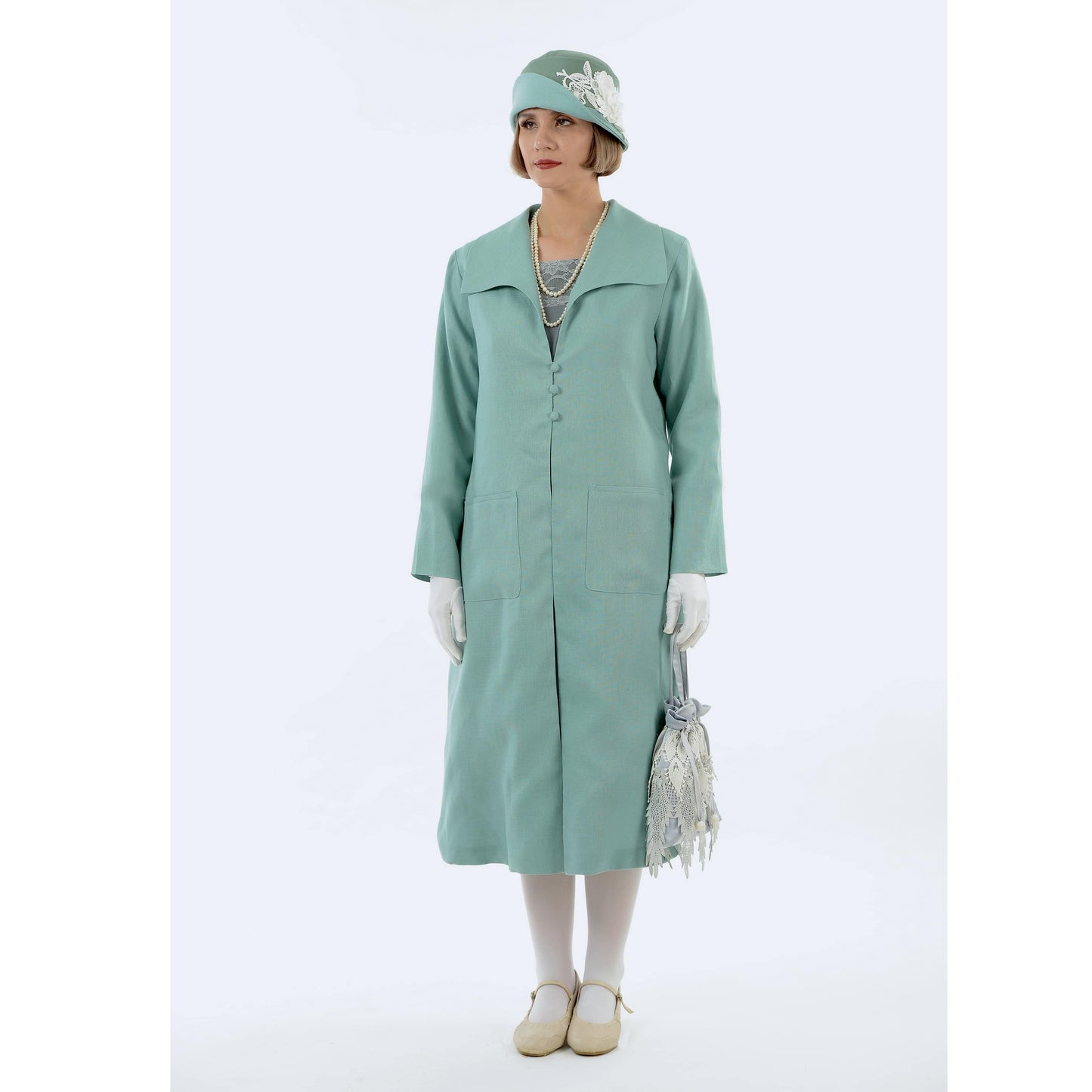 CLEARANCE: 1920s style linen summer coat in pastel blue with wing collar