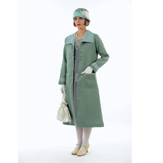 Muted green Great Gatsby with contrasting details in green and off-white plaid. 1920s summer coat, flapper coat, 1920s fashion coat.