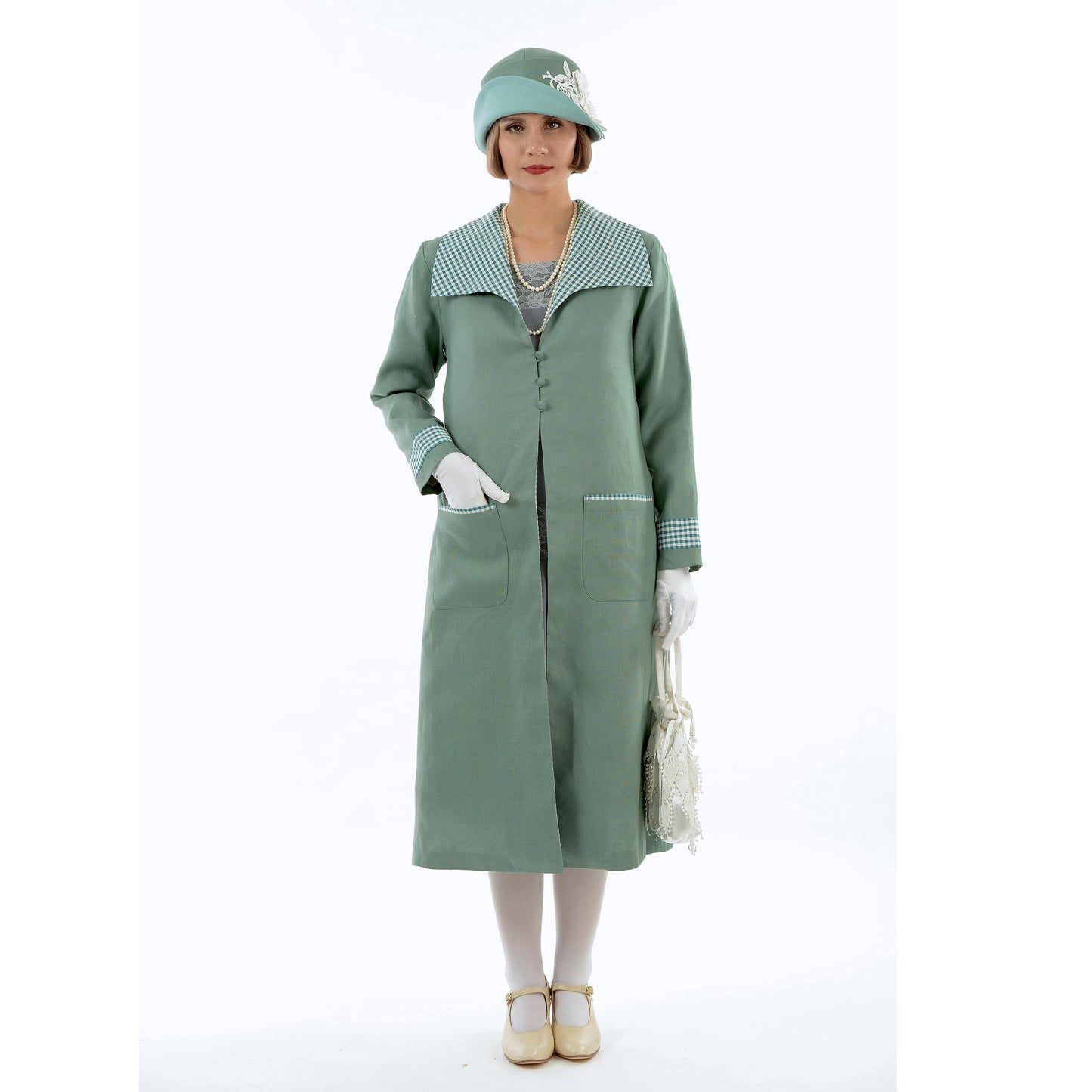 CLEARANCE: Gatsby linen day coat in muted green & green/white details
