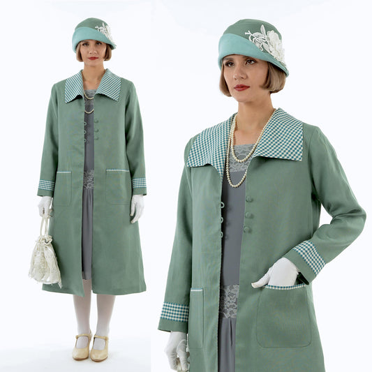 CLEARANCE: Gatsby linen day coat in muted green & green/white details