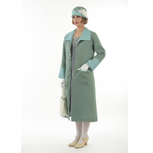 Flapper coat in muted green linen and pastel blue details, that can be worn as a long 1920s Great Gatsby coat