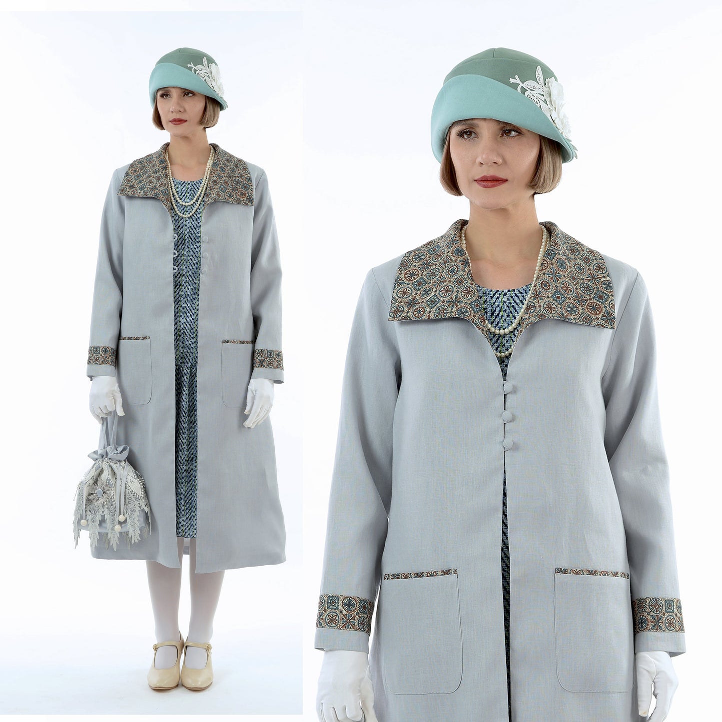 1920s-inspired linen day coat in grey with button closure