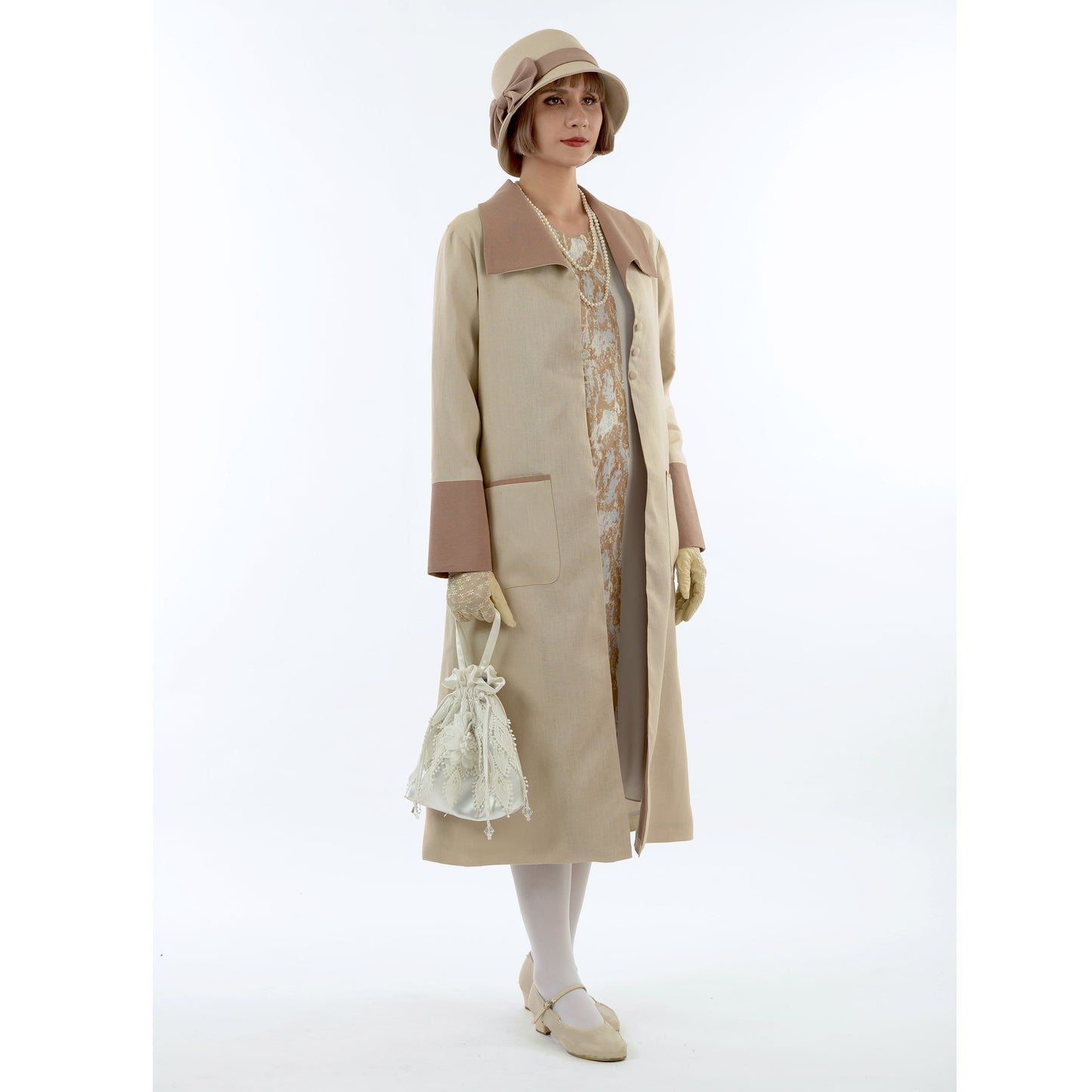 2-toned light brown linen Great Gatsby coat with wing collar