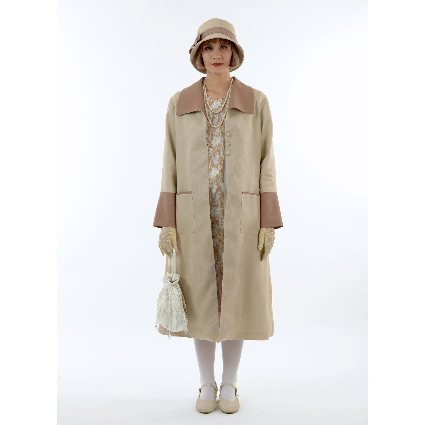 2-toned light brown linen Great Gatsby coat with wing collar