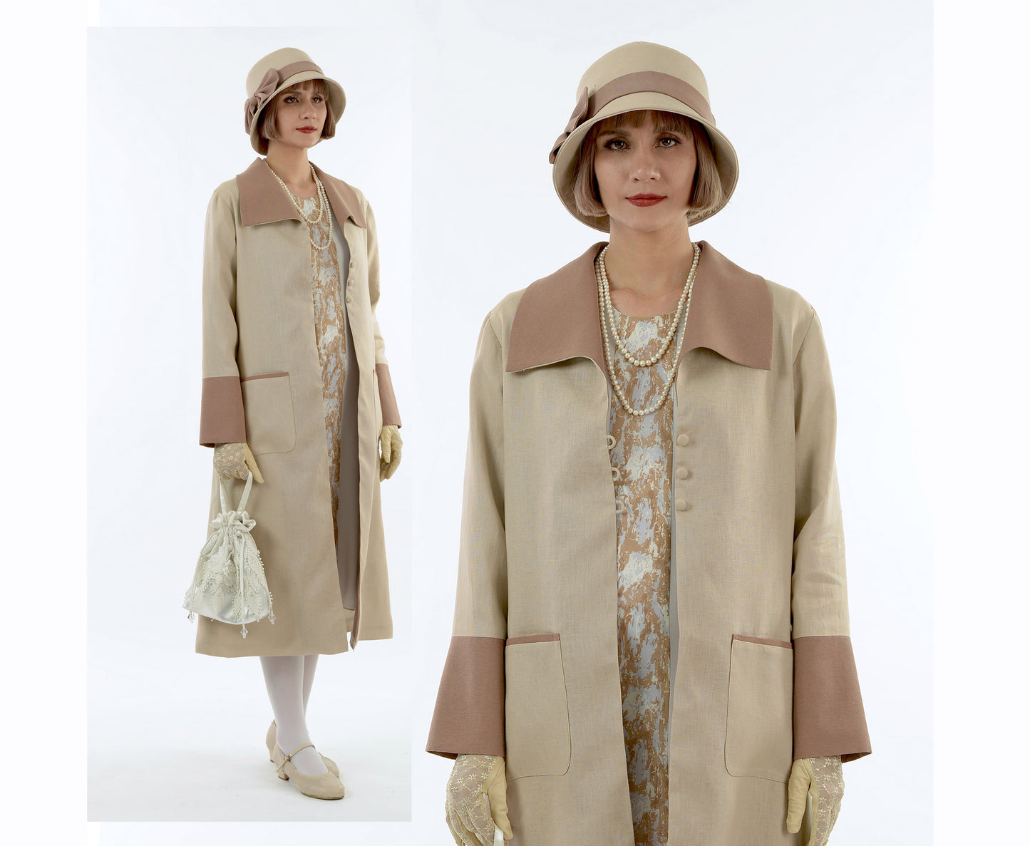 2-toned light brown linen Great Gatsby coat with wing collar