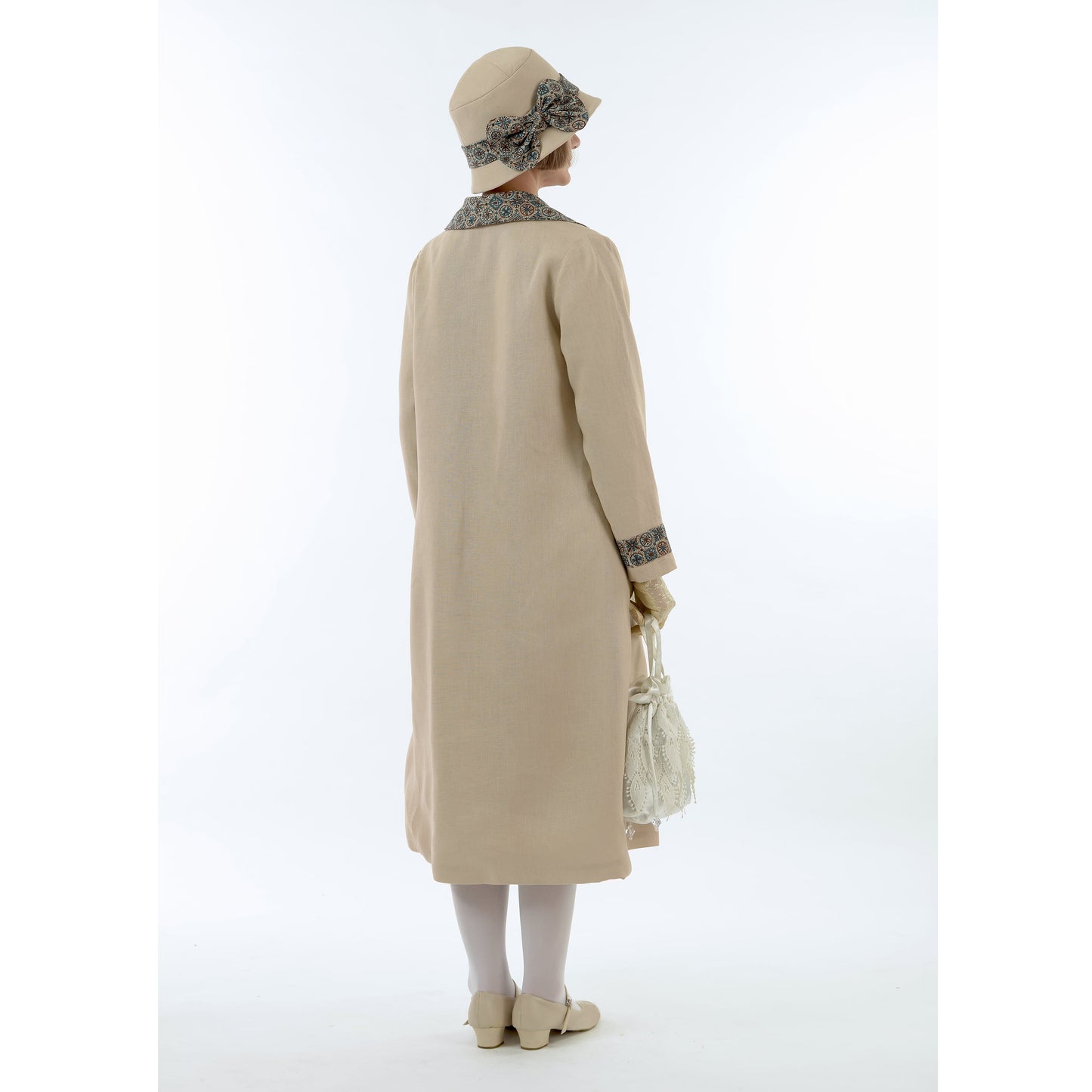 1920s summer fashion inspired light brown linen coat with wing collar