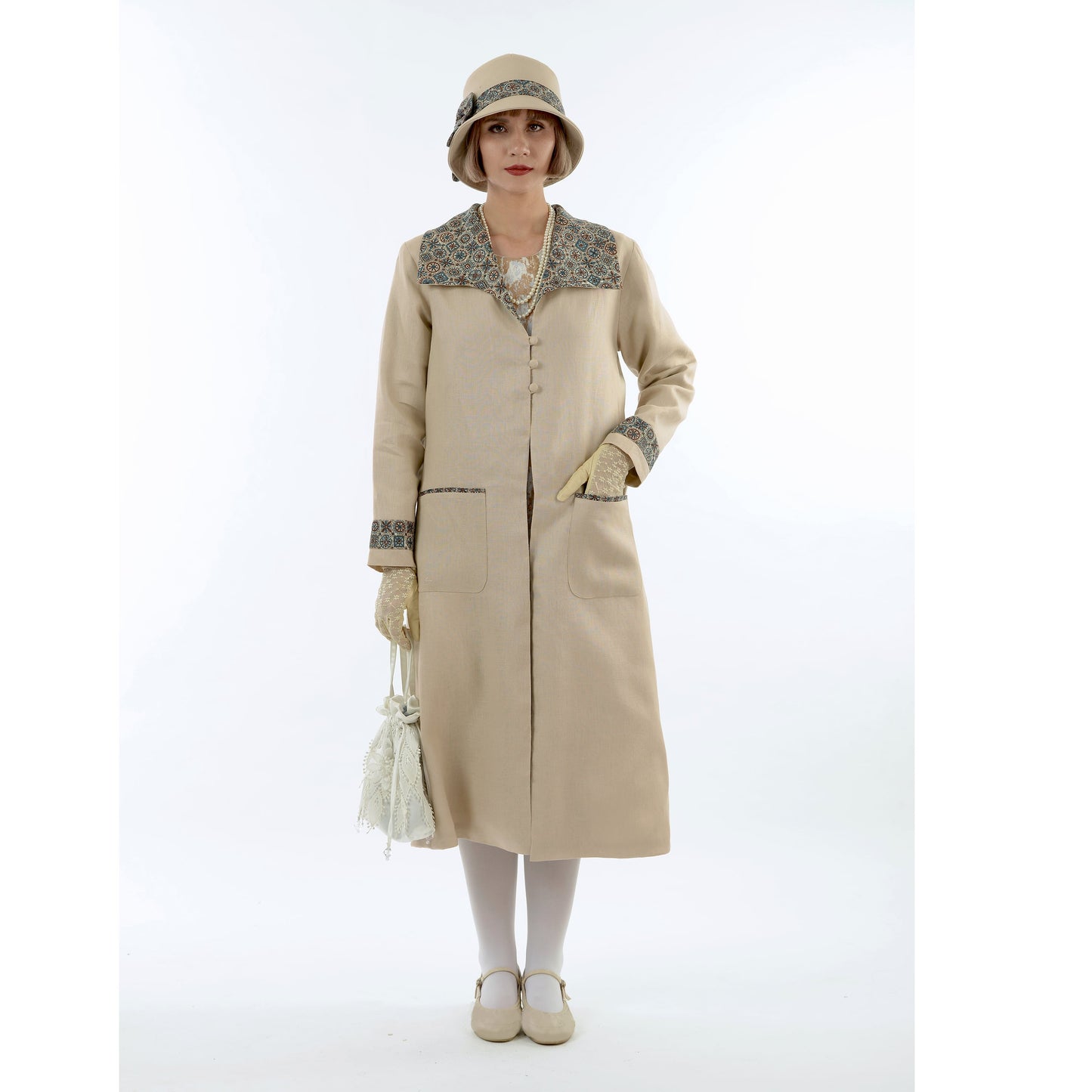 1920s summer fashion inspired light brown linen coat with wing collar