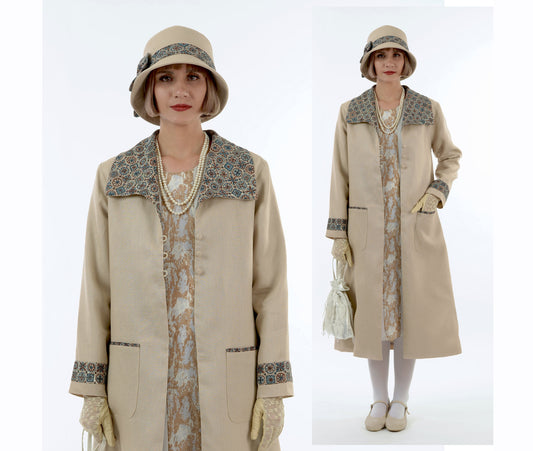 1920s summer fashion inspired light brown linen coat with wing collar - a roaring twenties jacket