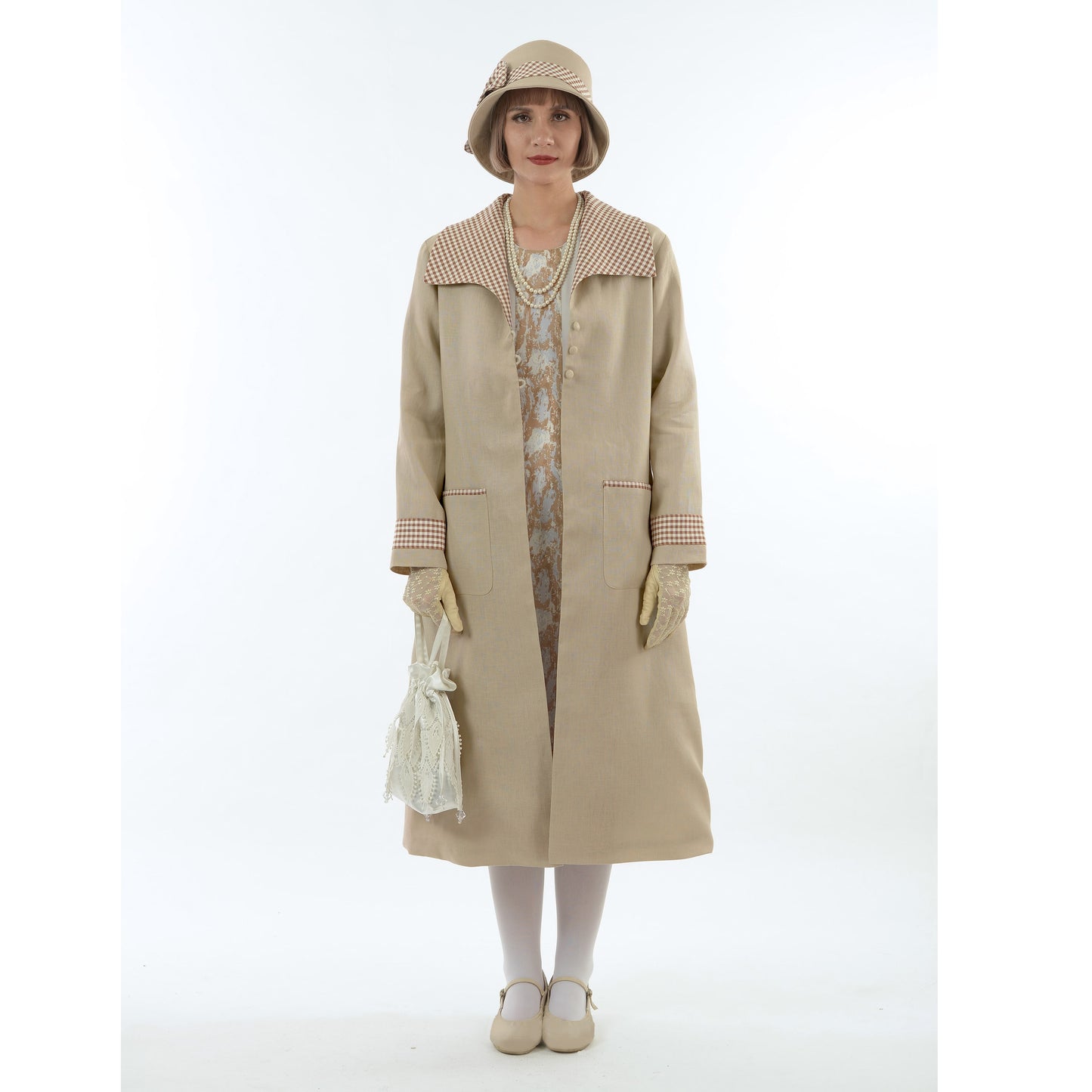Light brown linen 1920s coat with plaid wing collar
