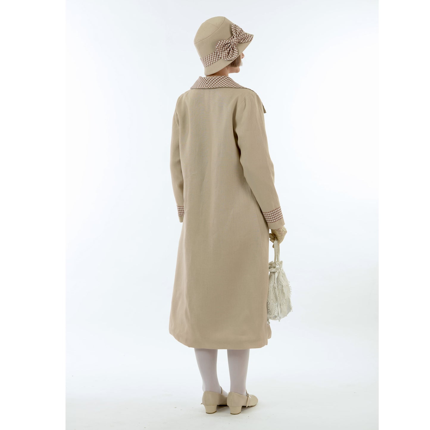Light brown 1920s style linen cloche hat with plaid ribbon