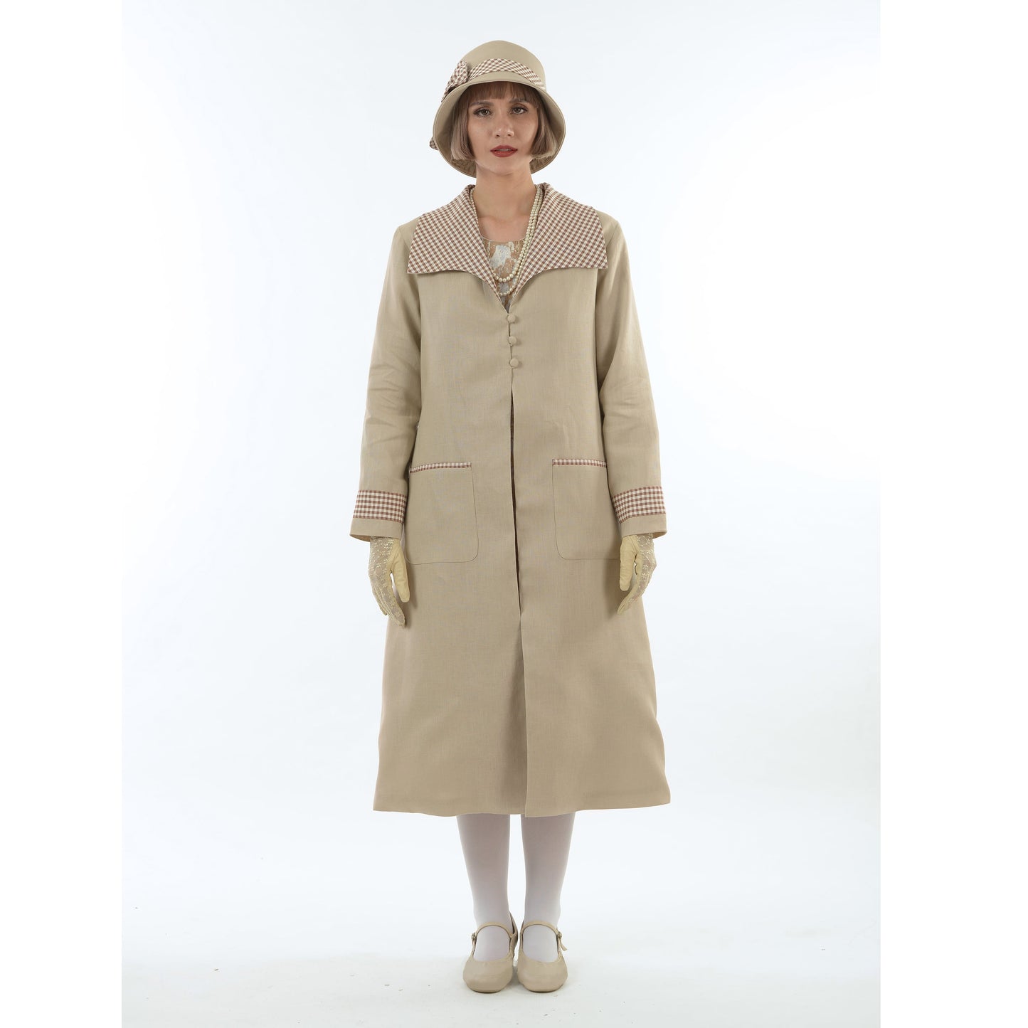 CLEARANCE: Light brown linen 1920s coat with plaid wing collar