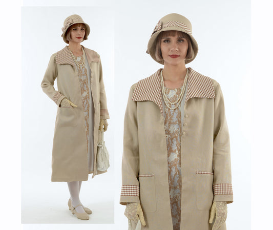 Light brown linen 1920s coat with plaid wing collar - a roaring twenties jacket