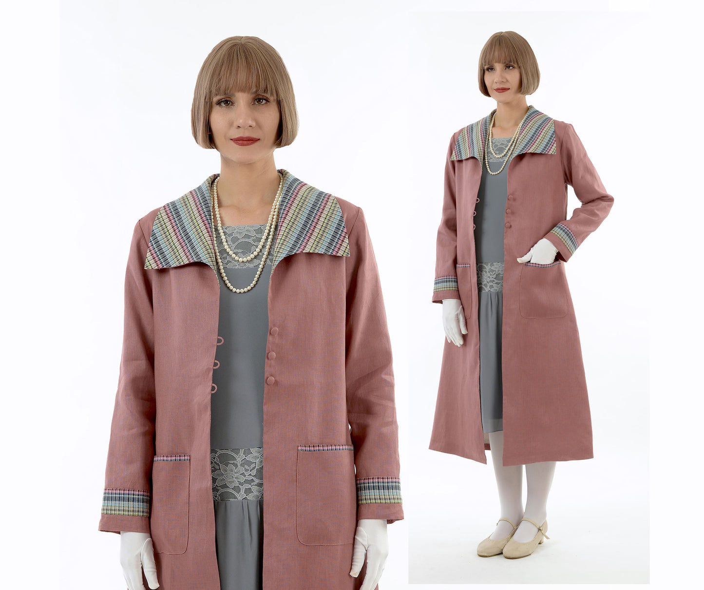 1920s summer coat made of linen fabric in coral clay color
