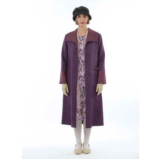 2-toned purple linen 1920s coat with wing collar. A 1920s reproduction day coat that can be worn as a Gatsby jacket or 1920s summer overcoat.