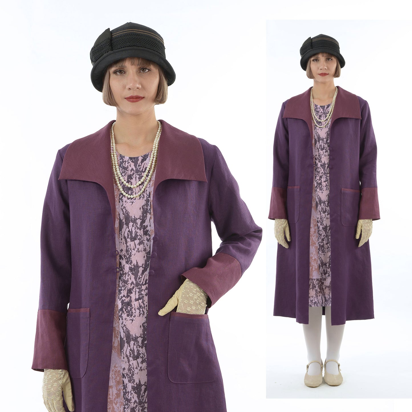 2-toned purple linen 1920s reproduction day coat with wing collar - a roaring twenties jacket