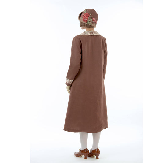 Dark brown linen 1920s coat with wing collar. This roaring twenties coat can be worn as a Great Gatsby jacket or flapper coat.