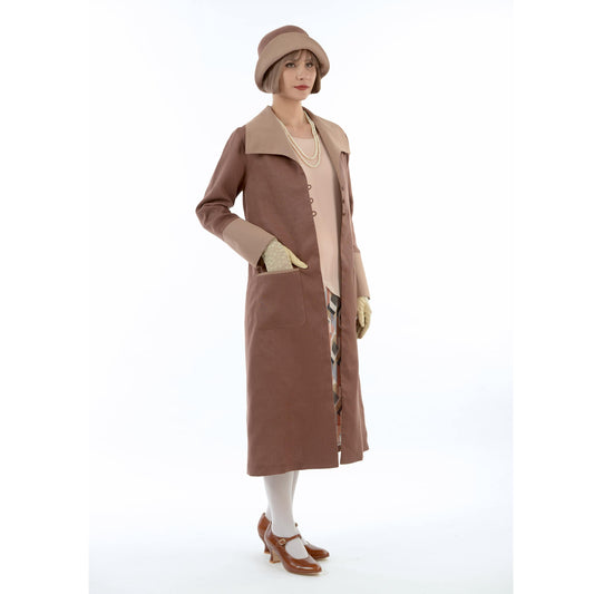 2-toned dark brown linen coat with wing collar. This 1920s coat can be worn as a Great Gatsby jacket or a 1920s summer overcoat.