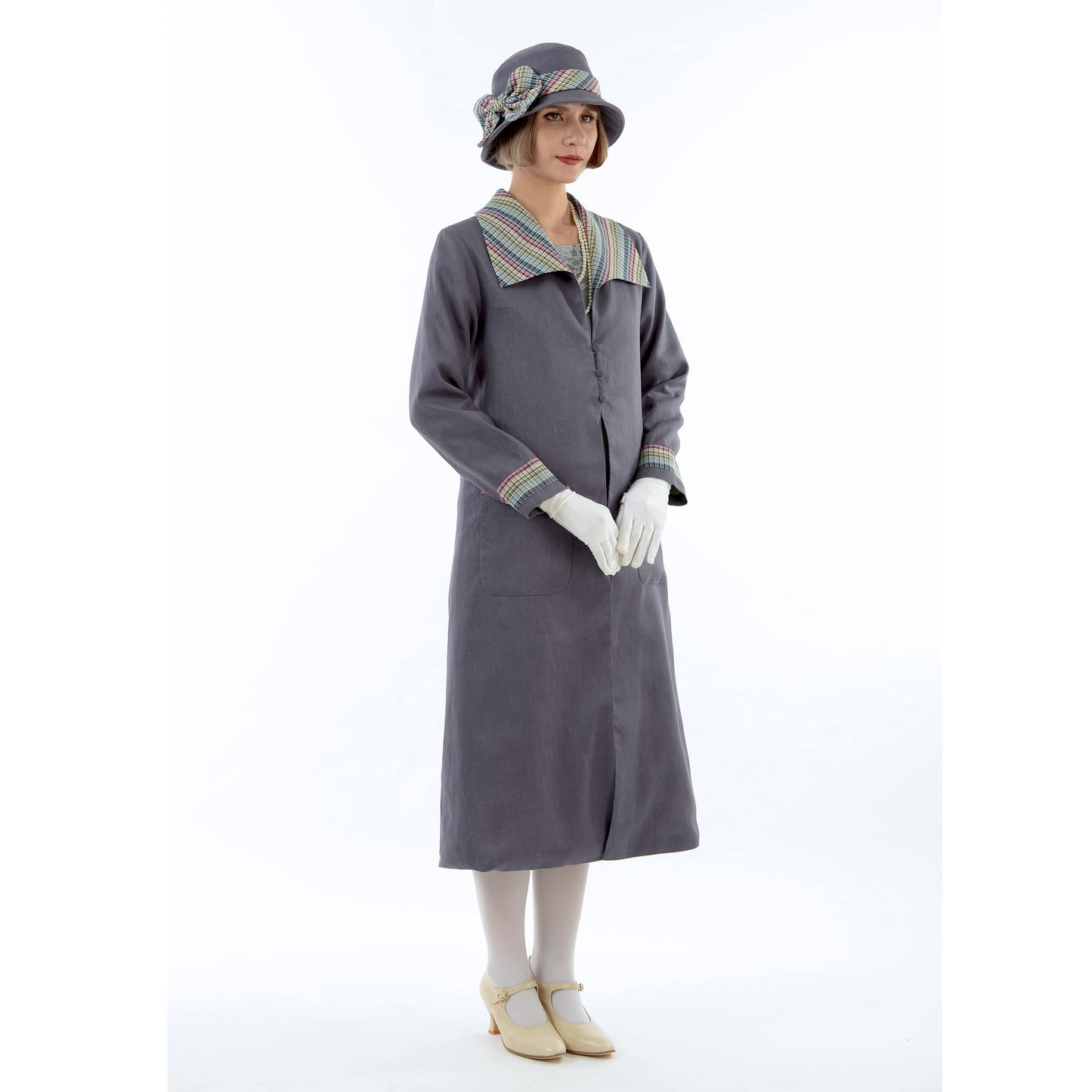 CLEARANCE: Dark grey summer linen 1920s coat with plaid wing collar
