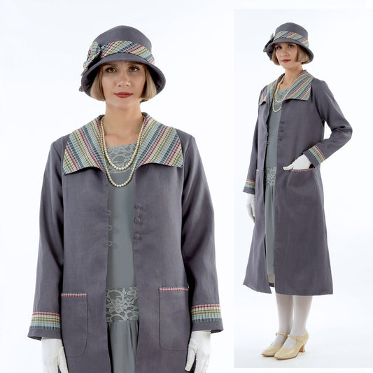 CLEARANCE: Dark grey summer linen 1920s coat with plaid wing collar
