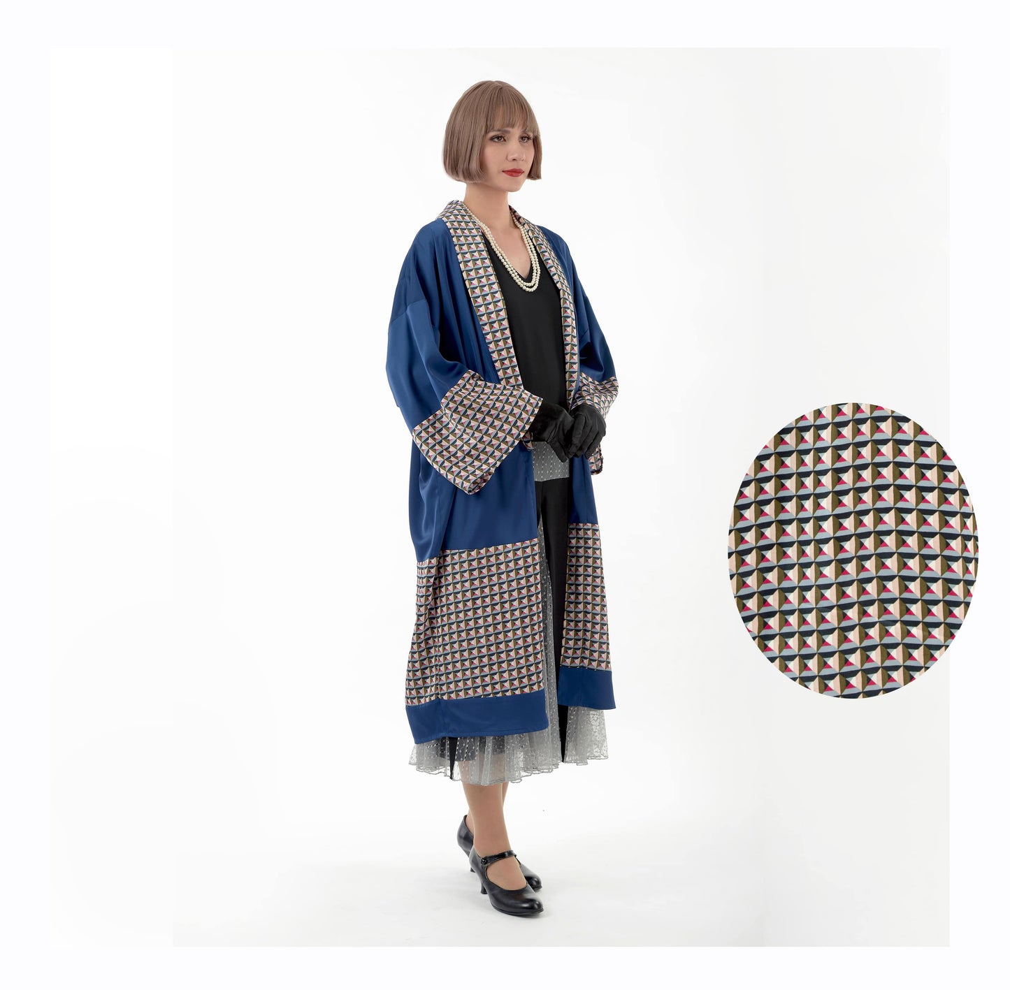 Dark blue 1920s kimono robe loungewear with print details - Japanese inspired 1920s loungewear