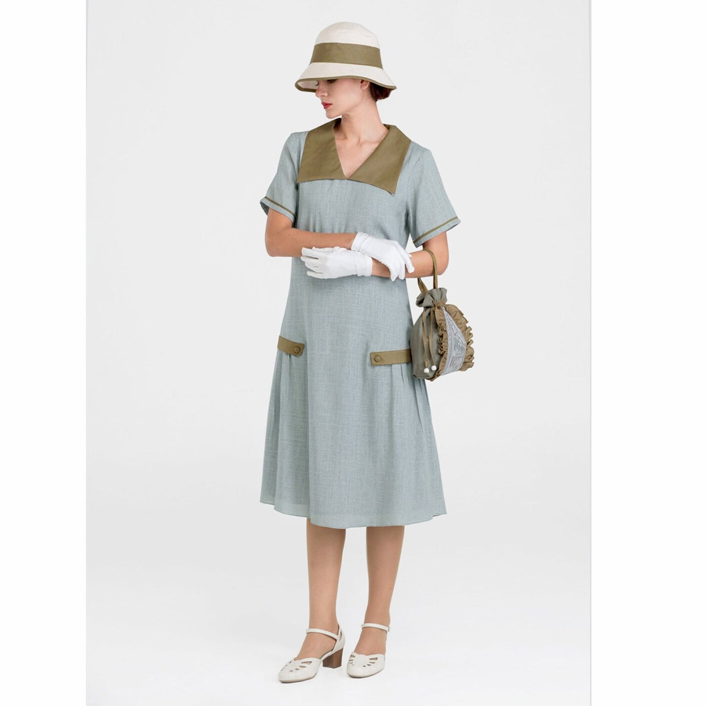 1920s grey/olive linen dress with large puritan collar & short sleeves