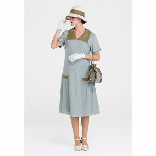 1920s grey/olive linen dress with large puritan collar & short sleeves - a vintage-inspired Roaring Twenties dress