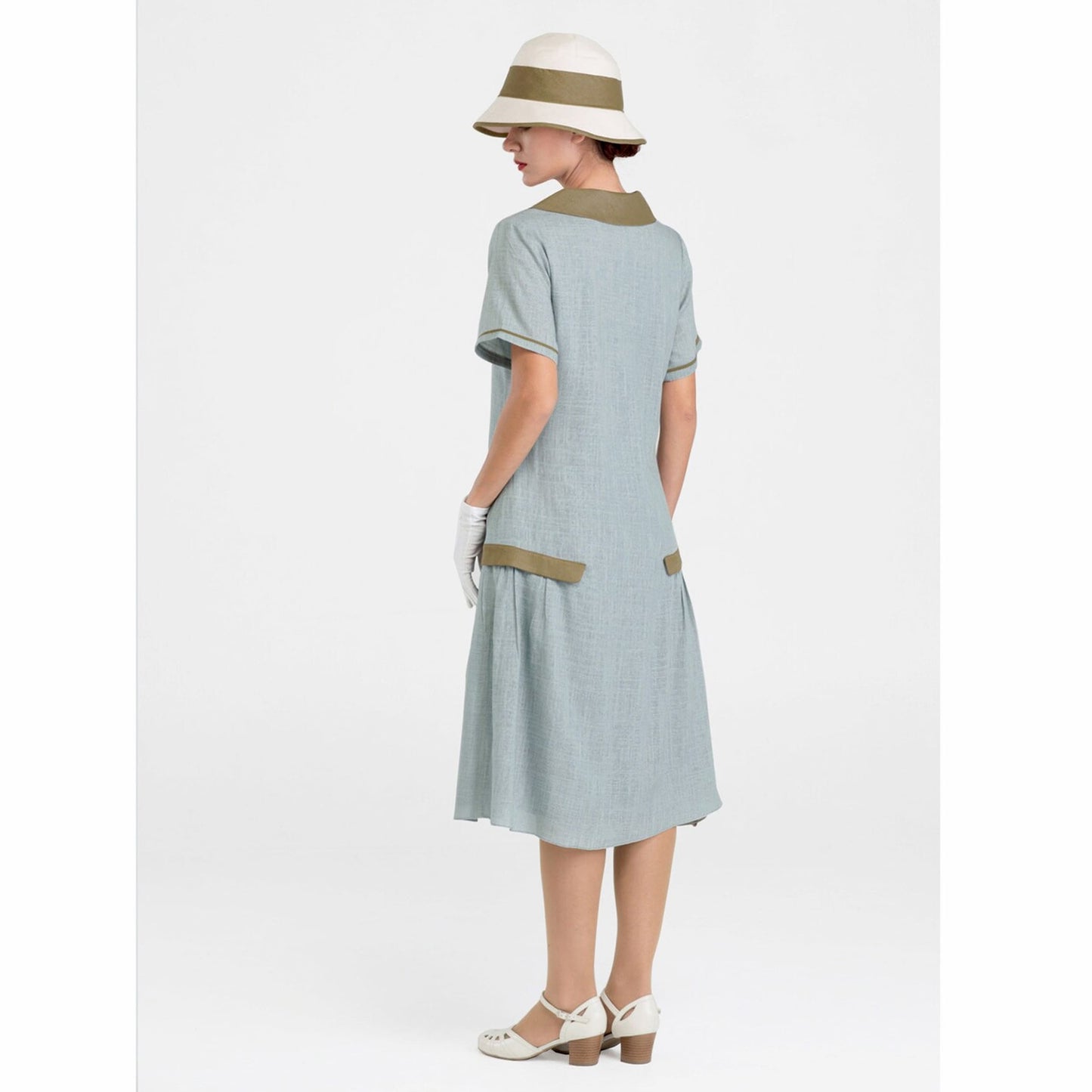 1920s grey/olive linen dress with large puritan collar & short sleeves